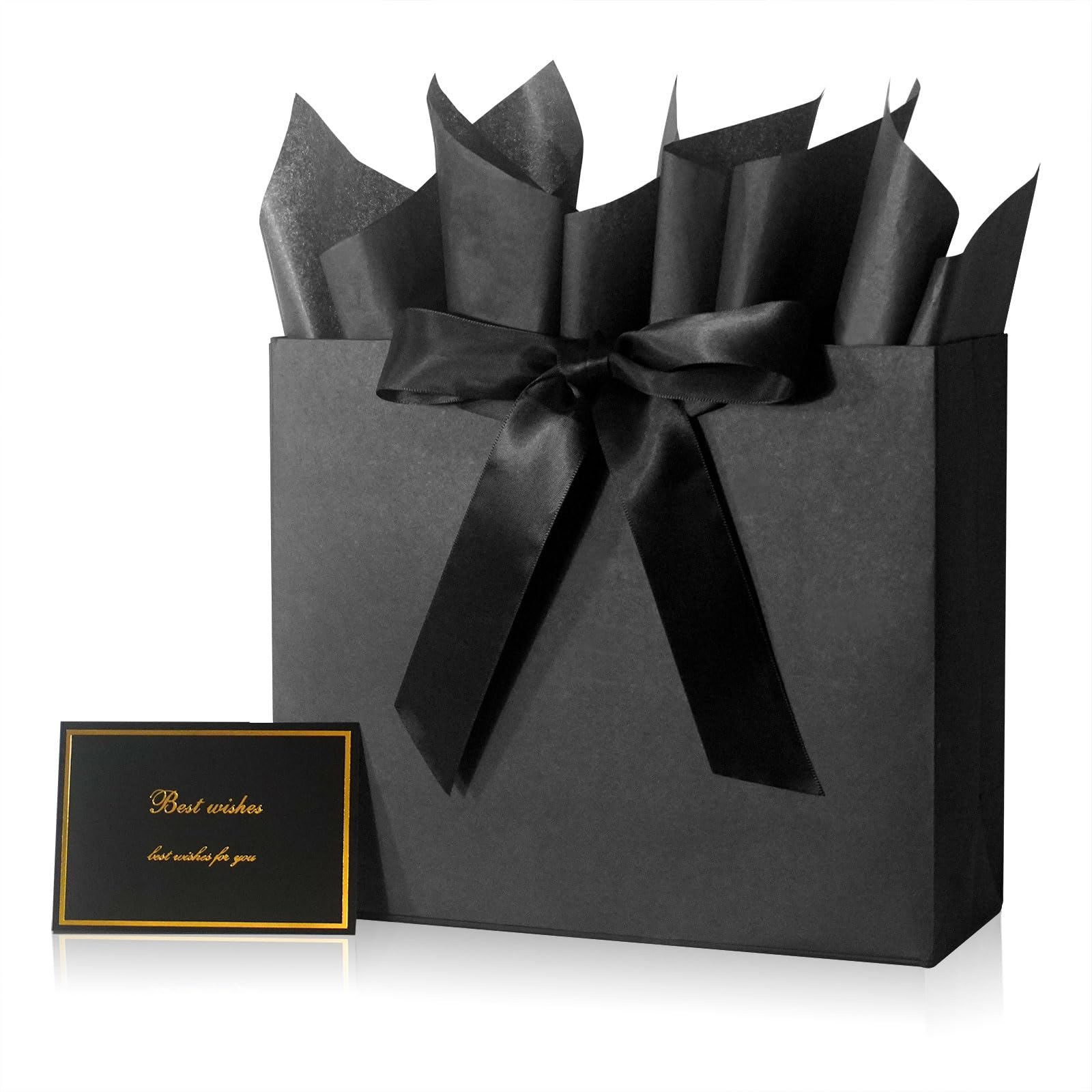 Photo 1 of Elegant Black Gift Bag 11.8"x4.5"x9.8" with Ribbons Handles, Includes Card and Tissue for Weddings, Birthdays, Baby Shower Parties, Holidays