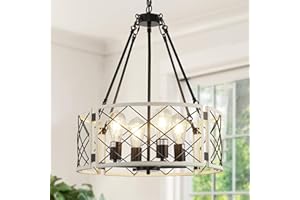 UNICOZOHOME 20'' Dining Room Chandelier, 4-Light Industrial Farmhouse Metal Hanging Light Fixture, Rustic Drum Pendant Lights for Living Room, Bedroom, Foyer, Entryway, Kitchen Island, Black and Vintage White
