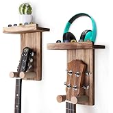 Keebofly Guitar Wall Mount Hanger with Shelf &amp; Pick Holder, 2 Pack | Wood Guitar Hanger, Wall Guitar Stand Holder Rack,Guitar Hook for Acoustic, Electric, Bass, Ukulele, Brown, [Patented]