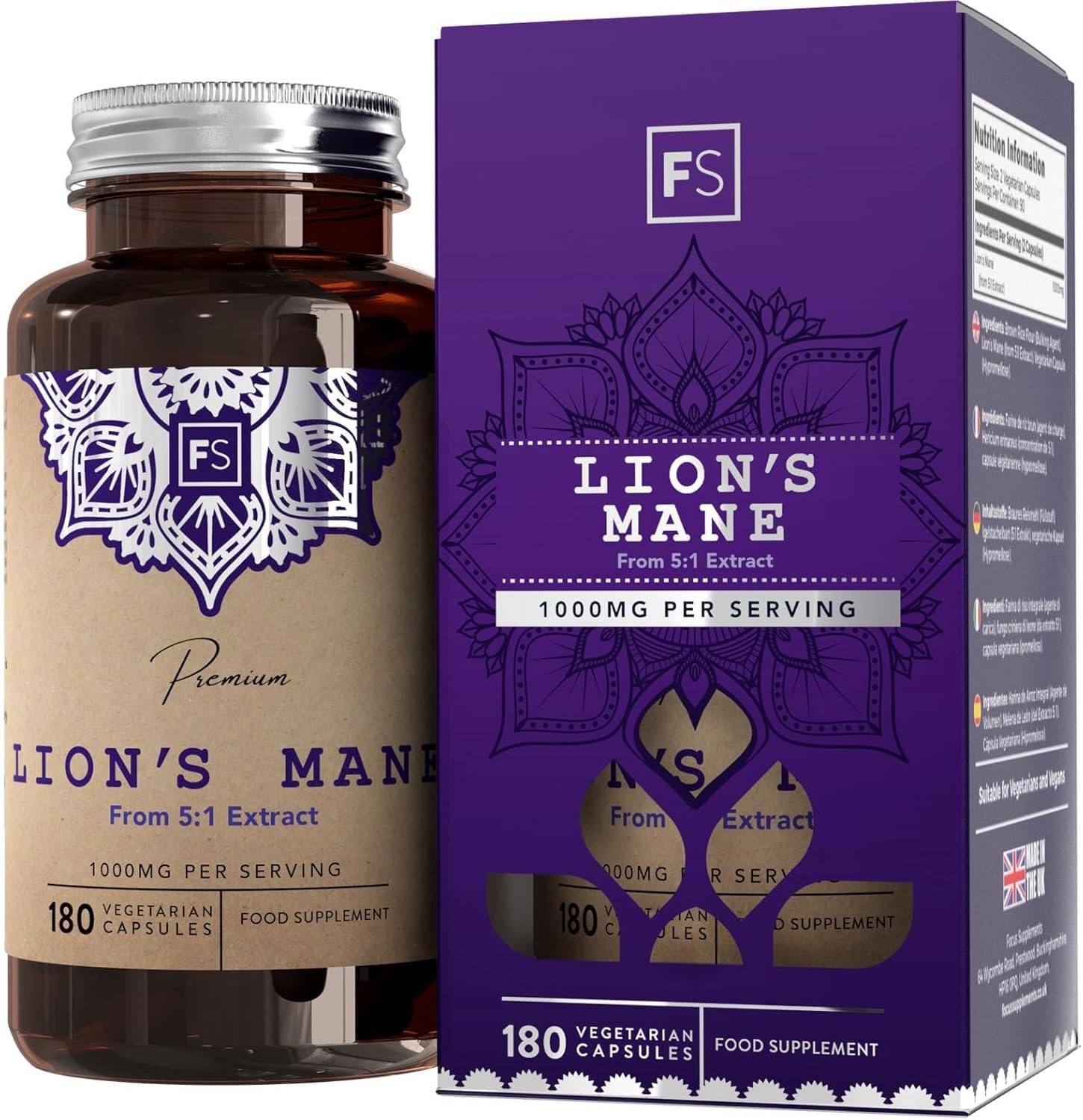 FS Lions Mane | High Strength Lion's Mane Supplement - 180 Lionsmane Capsules 1000mg per Serving | Lionsmane Mushroom Complex | Non-GMO, Gluten & Allergen Free | Made in The UK