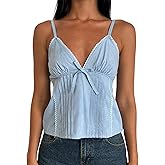 Women Summer Y2k Lace Trim Cami Top V Neck Sleeveless Camisole Top Sexy Slim Fitted Knit Bow Lace Going Out Tops