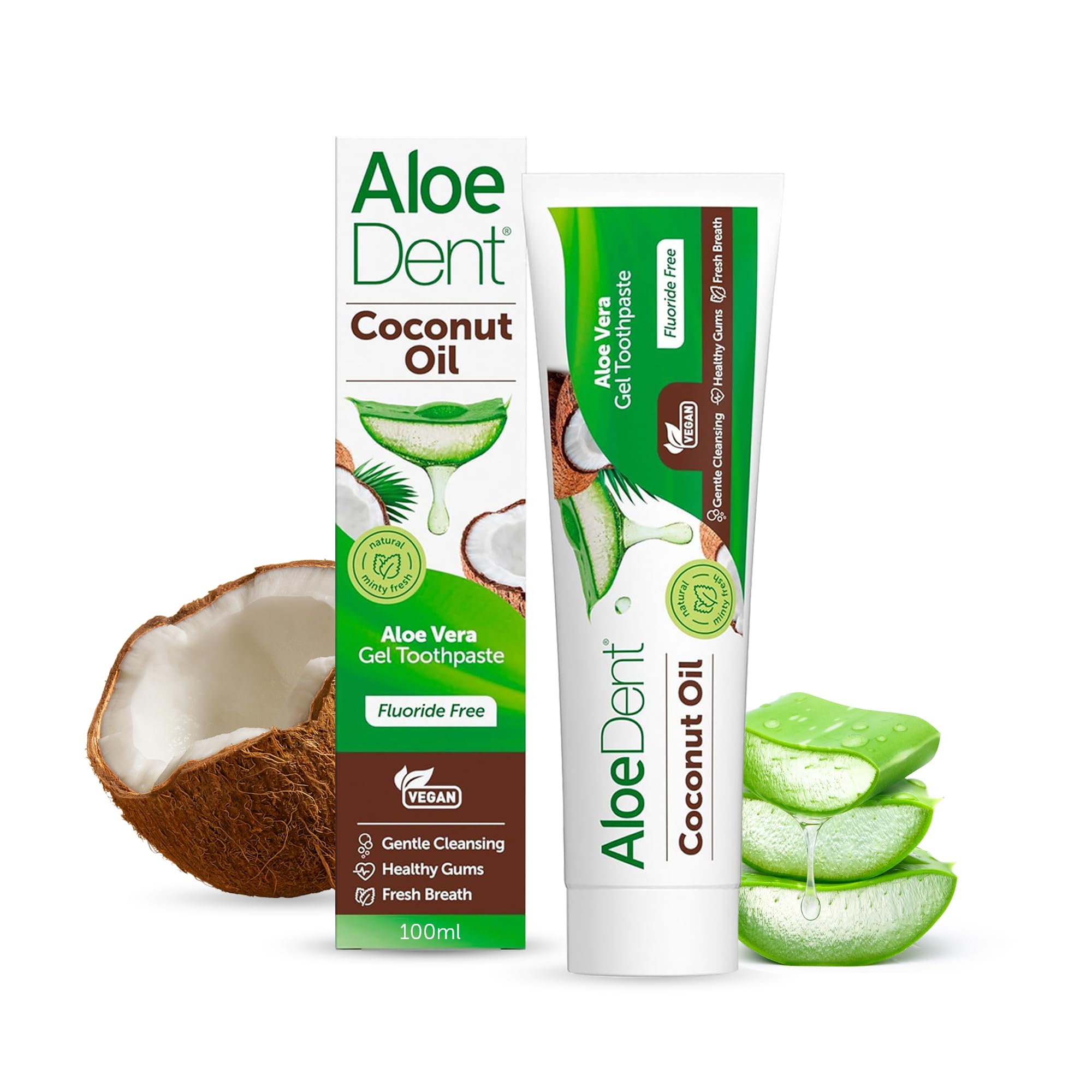 Aloe Dent Coconut Oil Toothpaste Fluoride Free , Natural Action, Vegan, Cruelty Free , SLS Free, Triple Action , Healthy Gums , 100 ml
