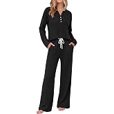 Ekouaer Women's 2 Piece Lounge Set Long Sleeve Knit Ribbed Pajama Sets | Henley Top &amp; Drawstring Wide Leg Pant, Casual Loungewear with Pocket, 2026 Trendy Fall Outfits, Travel Airport Matching Set
