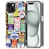 MOSNOVO Case for iPhone 15, [Buffertech 6.6ft Military-Grade Drop Protection] [Anti Peel Off Tech] Clear TPU Bumper Phone Case Cover Design - Air Ticket Labels