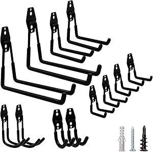 Garage Hooks, Ladder Hooks 12 Pack Heavy Duty Steel Garage Storage Utility Double Hooks Wall Hooks for Organizing Power Tools Ladders Bulk Items