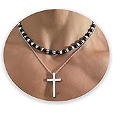 LGEPAH 2PS Cross Necklace for Men - Black Obsidian Necklace - 6mm Healing Crystals Beaded Choker Necklace Stainless Steel Cross Pendant Jewelry Gifts for Men