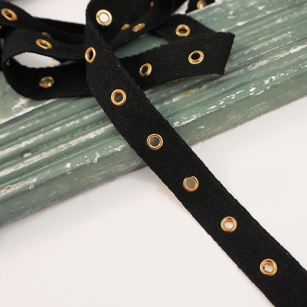 4mm Eyelet Twill Tape Trim by 2Yards, Black/Gold, TR11160