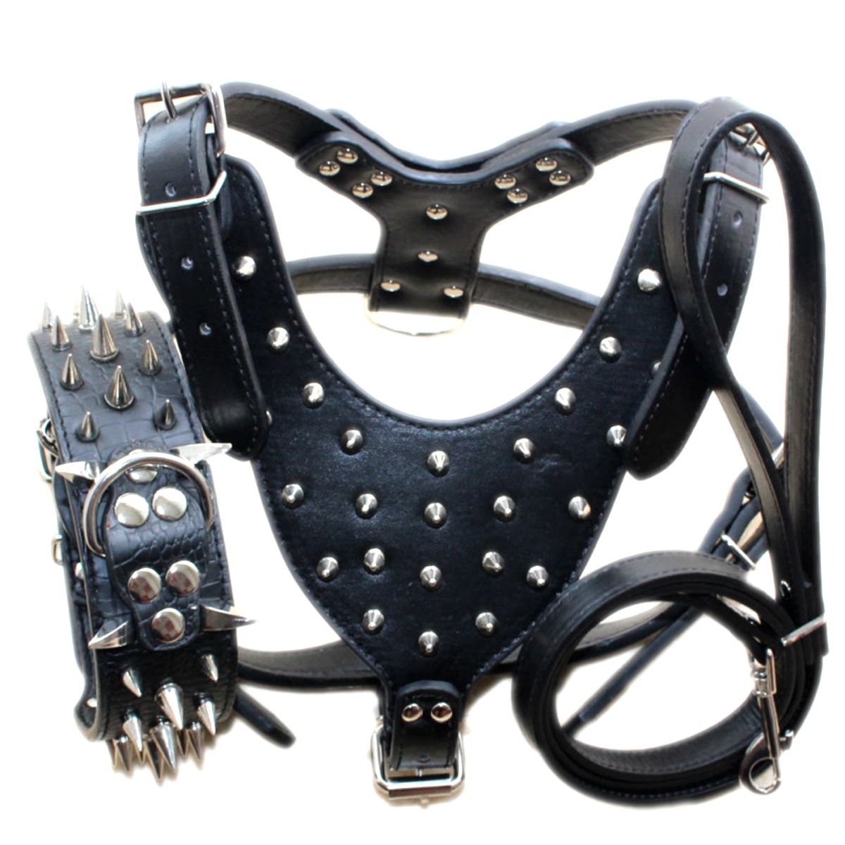 haoyueer Leather Sharp Spiked Studded Dog Collars, Harnesses & Leashes 3Pcs Matching Set for Medium & Large Dog Pit Bull,Mastiff, Boxer, Bull Terrier (XL, Black)