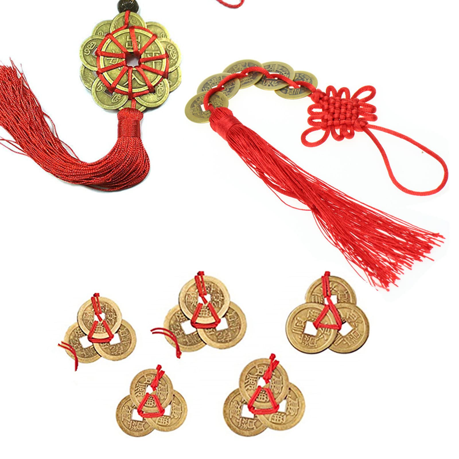 XHBTS 1 Chinese Knot Lucky Coins Feng Shui Coins I-Ching Fortune Coin and 5 Chinese Feng Shui Coins 1 Red Chinese Knot Feng Shui Set for Good Luck and Healthy Fortune Home Decoration