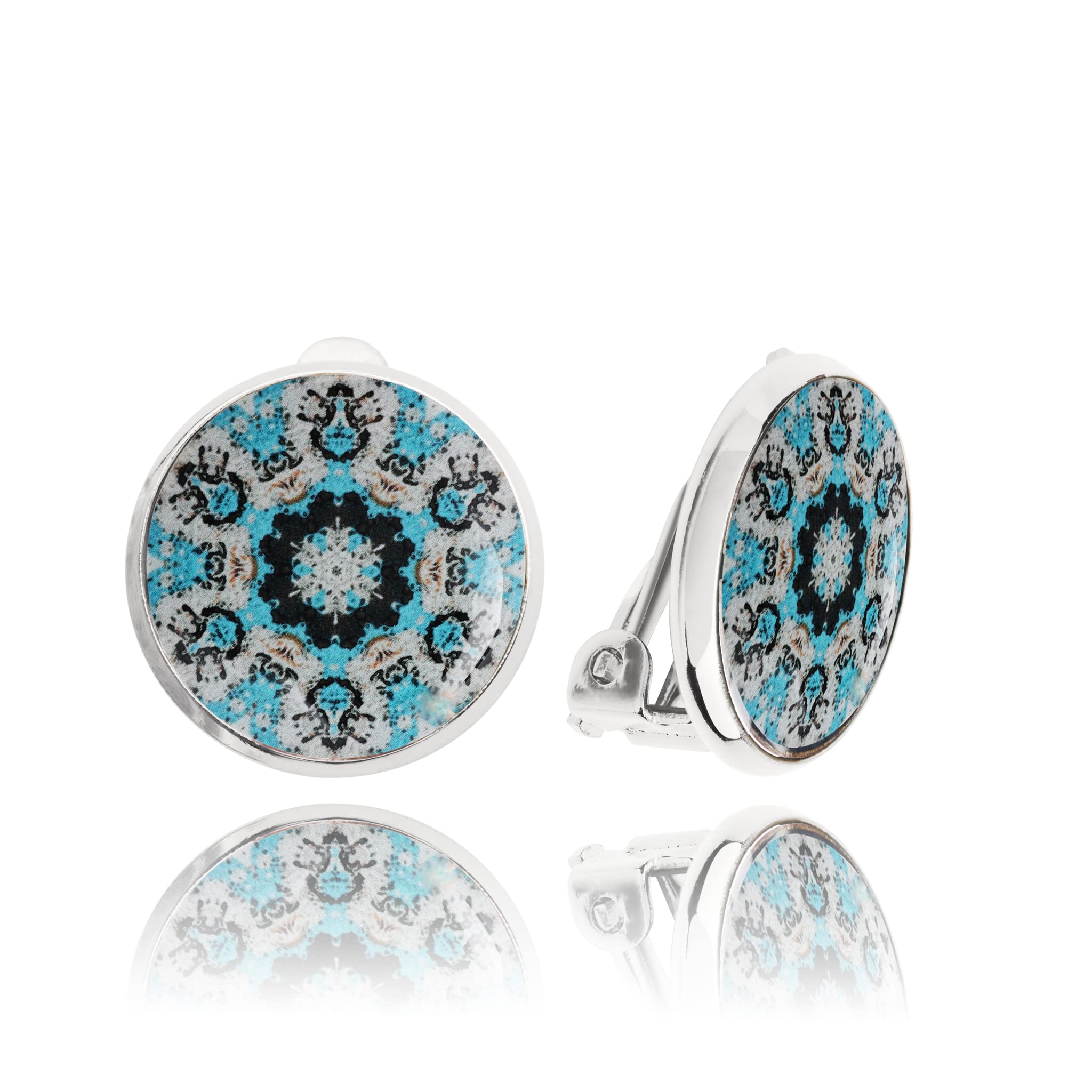 Round Small Clip on Earrings for Women, Elegant Non-Pierced Design (10 - Grey Blue Silver Art)