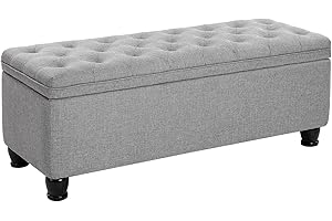 SONGMICS Storage Ottoman, Storage Bench, Tufted Entryway Bedroom Bench, 17.7 x 46.5 x 17.7 Inches, Hinges Easy Lid Operation, Wooden Legs, Linen-Look Cover, Loads 330 lb, Light Gray ULOM070G02