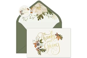 AnyDesign Thanks and Giving Cards Bulk 24 Pack Fall Greeting Cards with Sage Green Printed Envelopes Stickers Gold Foil Autumn Blank Note Cards for Thanksgiving Harvest Party Supplies, 4 x 6 Inch