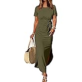 Prinbara Womens Summer Maxi Dress Casual Short Sleeve Tie Waist Split Long Tshirt Dresses 2026 Spring Vacation Cruise Clothes