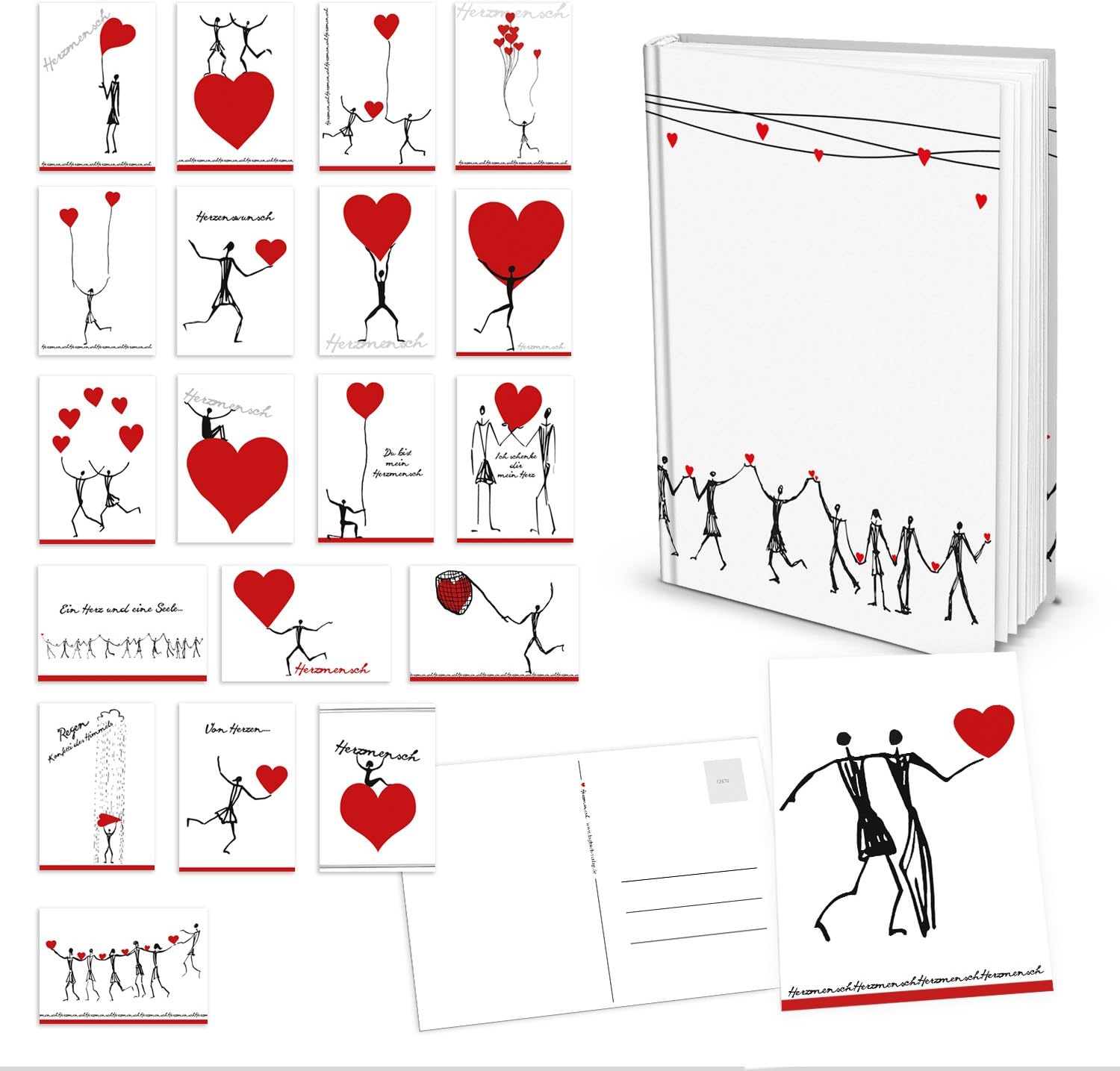 Empty Blank Book Journal Notebook Gift Book DIN A5 with Man in Black and White with Red Hearts + Set of 20 Assorted Premium Postcards (12 x 17.5 cm) Gift Set