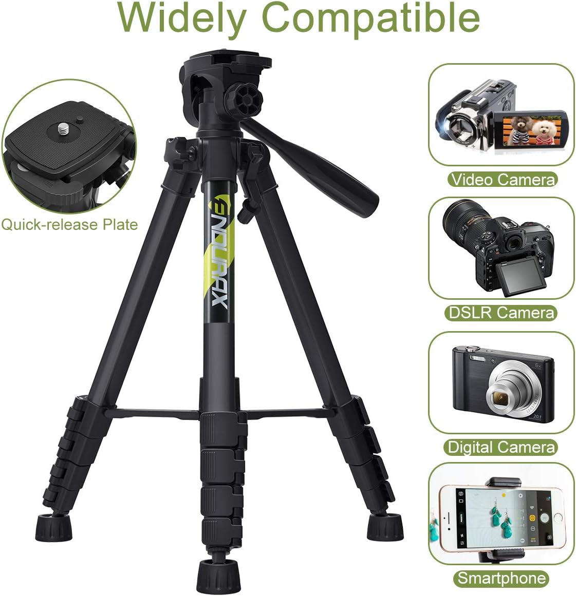 Endurax 66" Video Camera Tripod for Canon Nikon Lightweight Aluminum Travel DSLR Camera Stand with Universal Phone Mount and Carry Bag : Camera & Photo