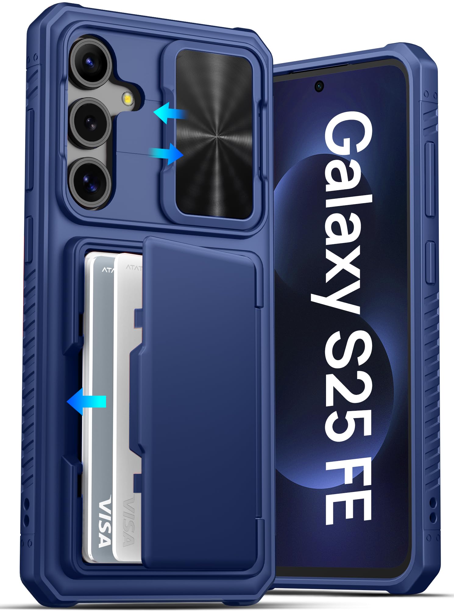 ATATOO for Samsung Galaxy S25 FE Wallet Case, Built-in Card Holder (3-5 Cards) & Slide Camera Cover & RFID Blocking, Military Grade Protection, Shockproof Cover Case for Galaxy S25 FE 6.7" 2025, Blue