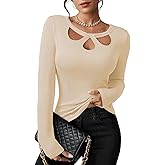 Pink Queen Sexy Tops for Women Fall Clothes Long Sleeve Cutout Keyhole Neck Top Ribbed Knit Shirts