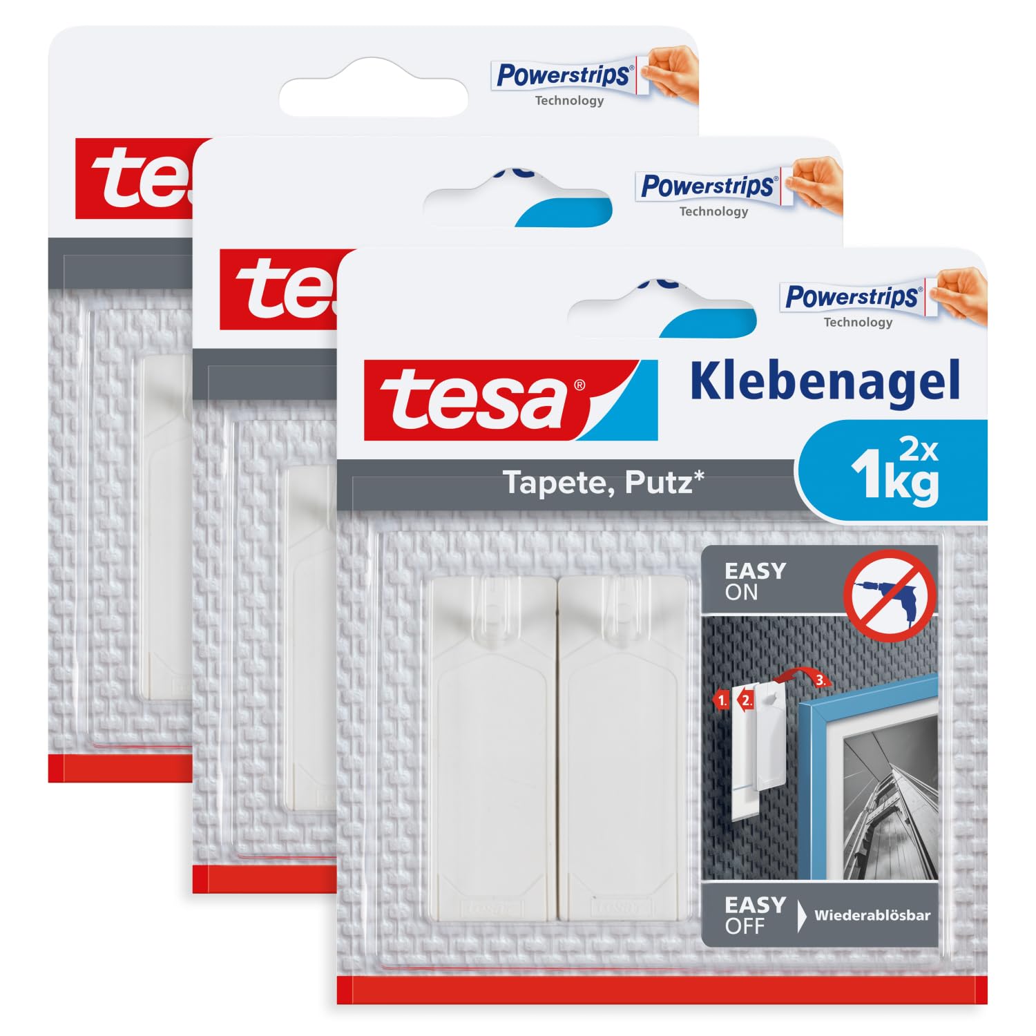 tesa Adhesive Nail for Wallpaper and Plaster, 1 kg, Pack of 3, Self-Adhesive Nails for Sensitive Surfaces, Residue-Free, Up to 1 kg Holding Capacity per Nail, 3 x 2 Adhesive Nails