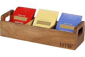 Small Wooden Tea Bag Box by HTB, 3 Compartments Acacia Wood Tea Bag Chest with Handle, Mini Countertop Divided Storage Contai