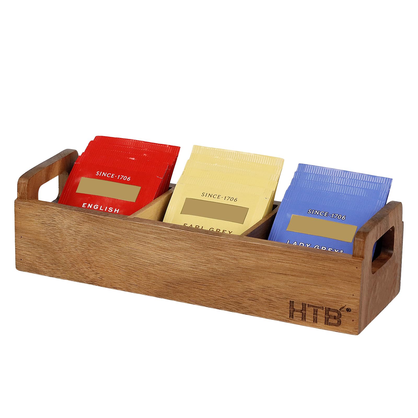 HTB Acacia Wood Tea Bag Chest with Handle, 3 Compartments for Beverage Supplies, Sugar, Sweeteners, Mini Countertop Storage