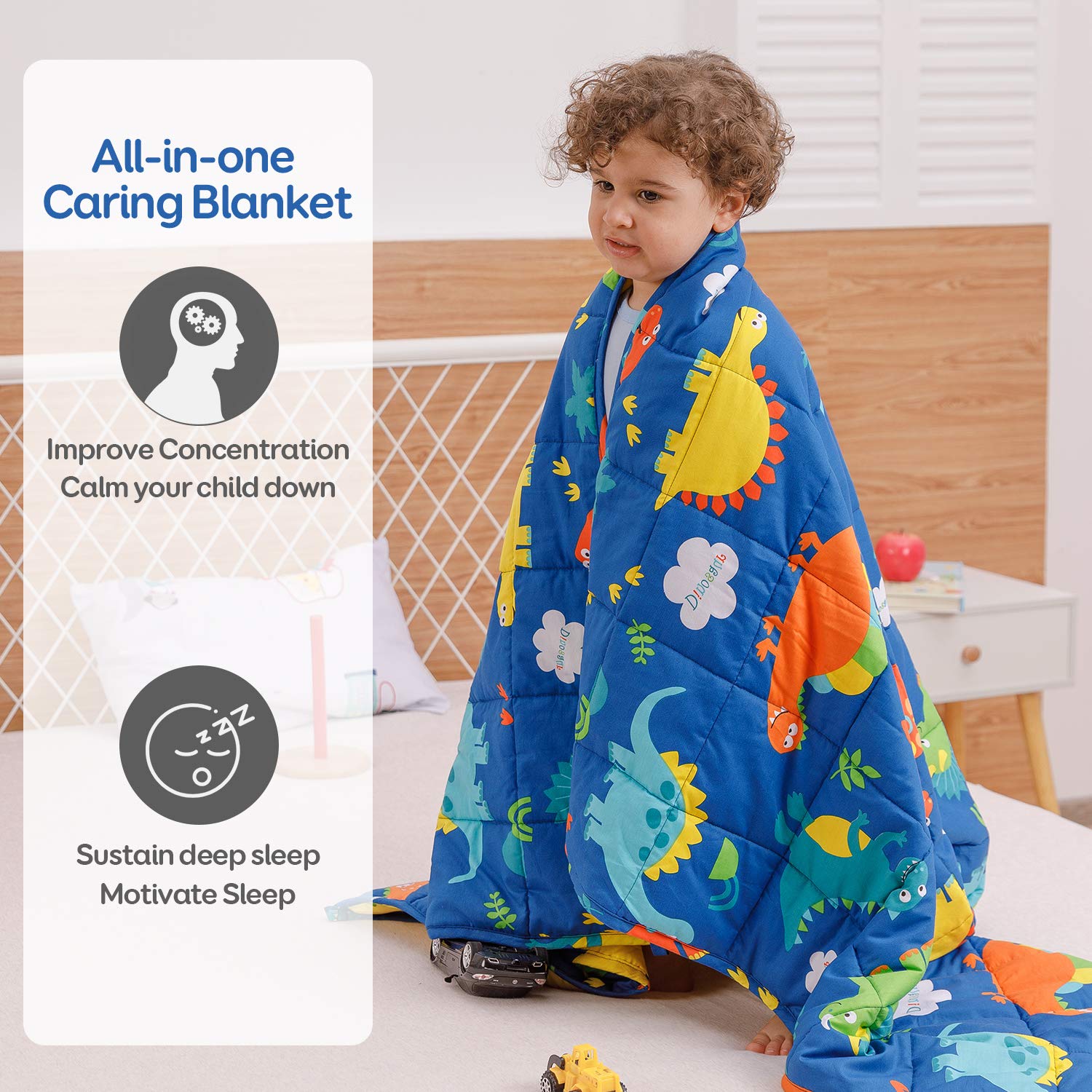 Anjee Kids Weighted Blanket 5lbs for Children with a Cotton Pillowcase, Breathable Cotton Fabric with Cute Dinosaurs Cartoon Pattern Help Better Sleep, 36 x 48 Inches, Navy Blue