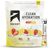 Ascent Clean Hydration Electrolyte Packets, Low Sugar &amp; Low-Calorie, Zero Artificial Flavors &amp; Sweeteners, Informed Sport Certified, Strawberry Lemonade, 20 Stick Packs