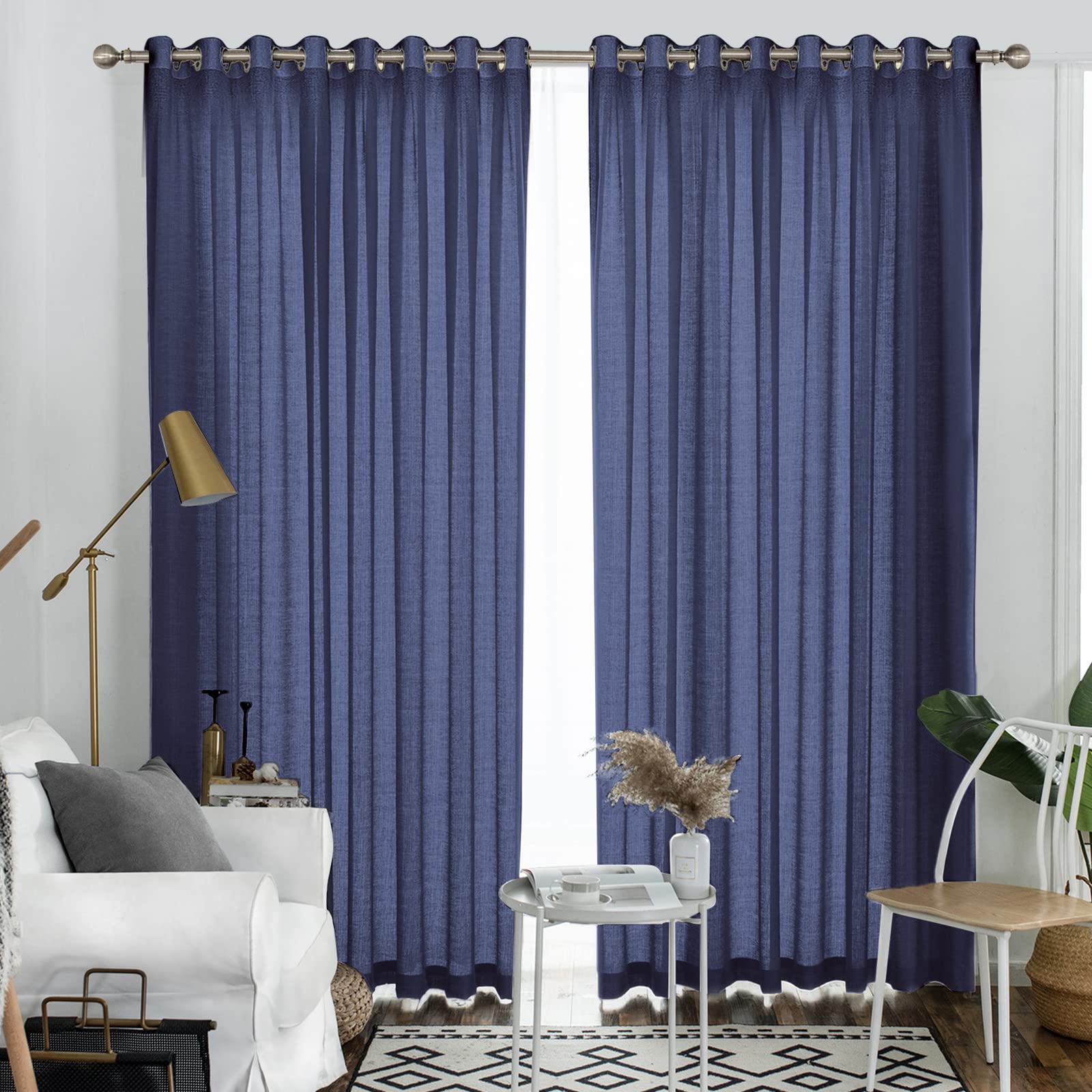 Melodieux Navy Semi Sheer Curtains 108 Inches Long for Living Room, Bedroom Extra Long Linen Look Rustic Grommet Voile Drapes, 52 by 108 Inch (2 Panels) Image Melodieux Navy Semi Sheer Curtains 108 Inches Long for Living Room, Bedroom Extra Long Linen Look Rustic Grommet Voile Drapes, 52 by 108 Inch (2 Panels) Image