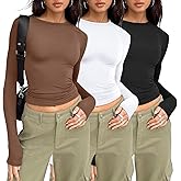 AUTOMET 3-Pack Women's Long Sleeve Crop Tops - Basic Fitted T-Shirts Set