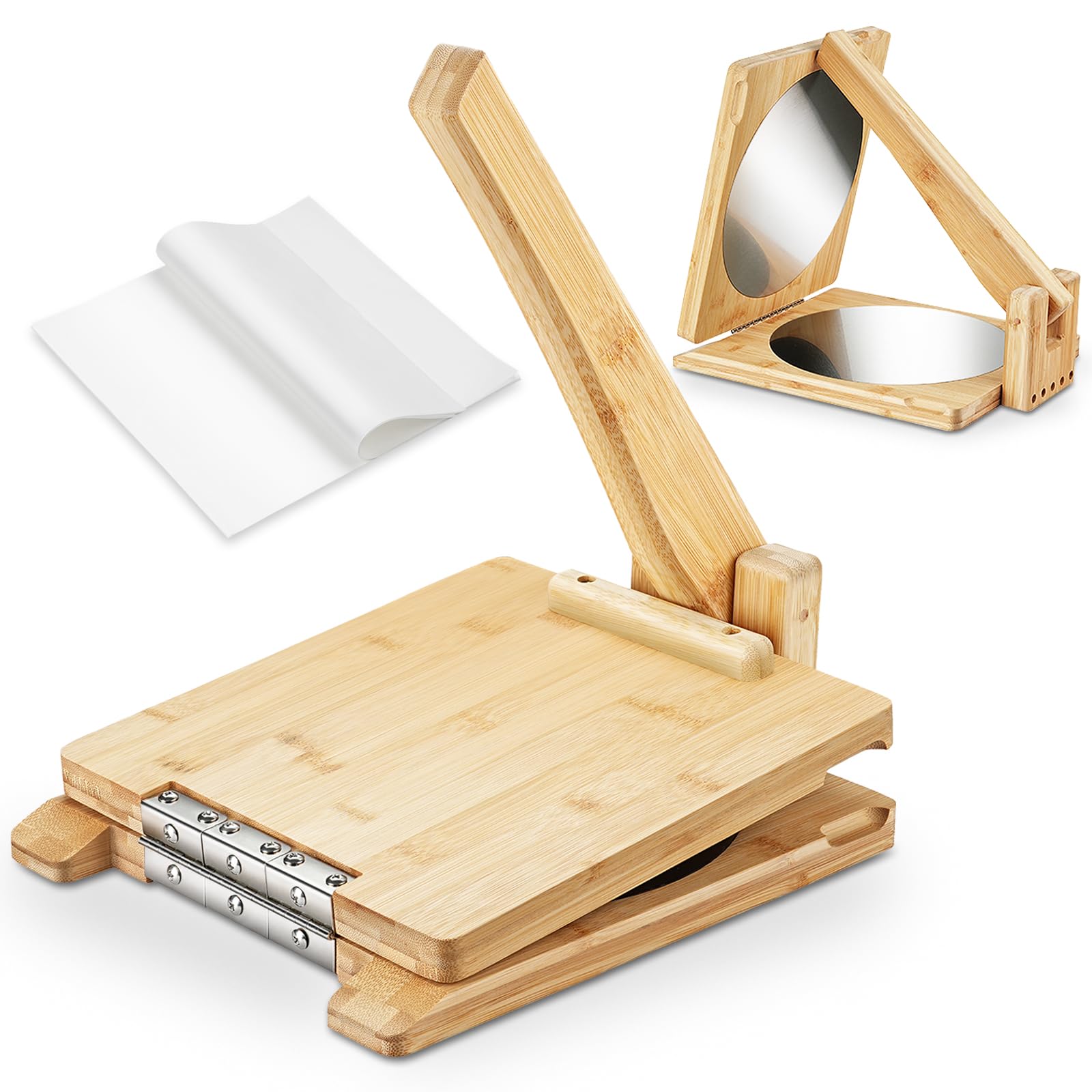 Photo 1 of Wooden Tortilla Press, 10inch Toti Maker with 9inch Stainless Steel Patch, Tortilla Maker Press with 50 Pcs Parchment Paper, Heavy Duty Prensa Para Tortillas