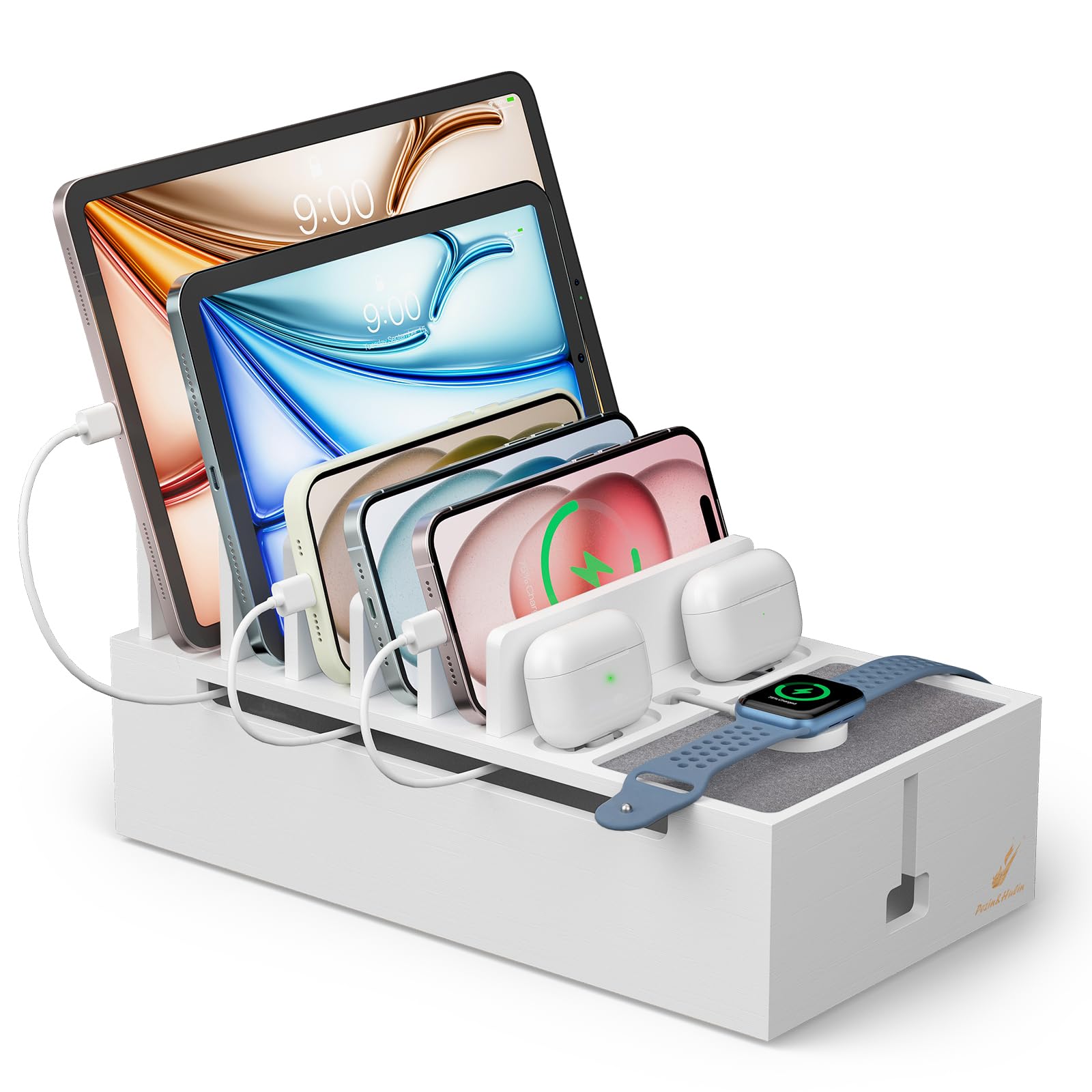 Photo 1 of Pezin & Hulin Multi Charger Station Organizer Rack, Bamboo Cable Management Box, Power Strips and Cord Hider, Nightstand Device Organizer (Include 6 Cables)(No Power Charging Supply) -White