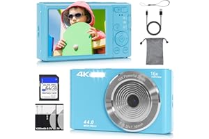 CEYE Digital Camera for Teens, FHD 4K 44MP Autofocus Camera with 64GB Card, 2 Batteries, Lanyard, 16X Digital Zoom, Compact Portable Cheap Point Shoot Cameras for Kids Boys Girls Students Beginners(Blue)