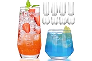 ZMOWIPDL Drinking Glasses Set of 8,Clear 13oz & 18oz Crystal Glass Cups,Drinkware Glassware,Highball Water Tumbler,Short Stem
