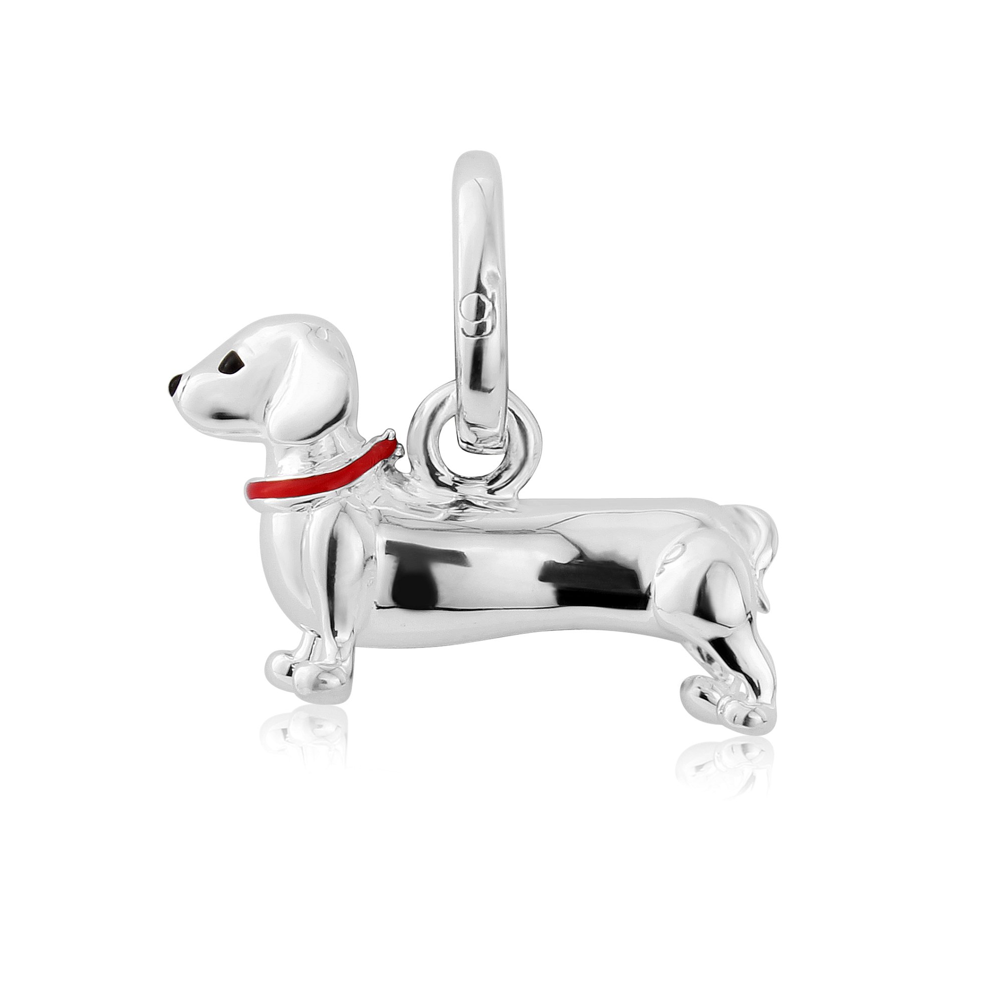 Gemma J Sterling Silver Cute Designer Dachshund Dog Charm with Bespoke Red Enamel Collar Feature