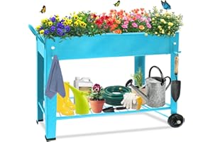 Fleecy day Raised Planter Box Beds with Wheels Legs, Elevated Garden Bed for Indoor Outdoor, Large Metal Mobile Planter Box with Bottom Shelf for Storing Tools for Vegetables Flower Herb Patio(Blue)