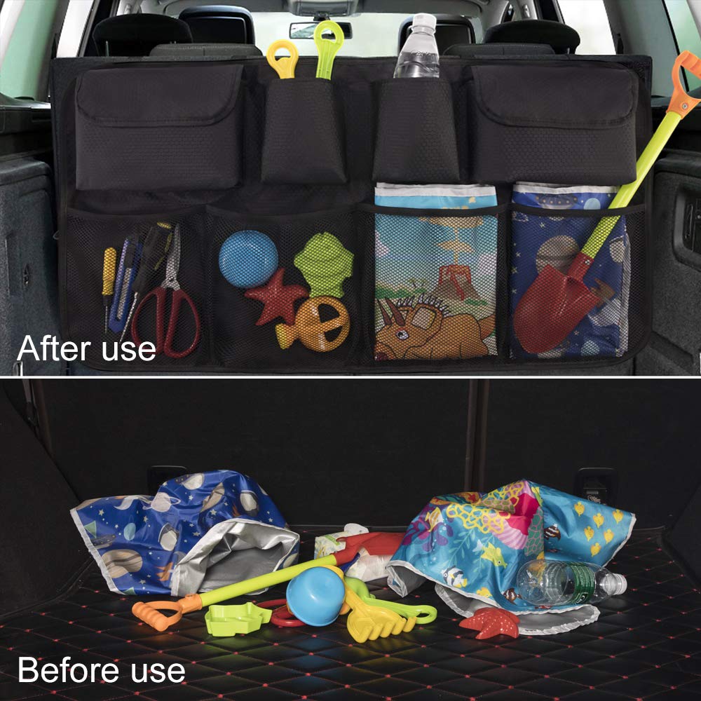 QUEES Trunk Back Seat Organizer Car Storage Auto Organizer for SUV Van Container 8 Large Pockets Car Organization Collapsible Compartment Mesh Black