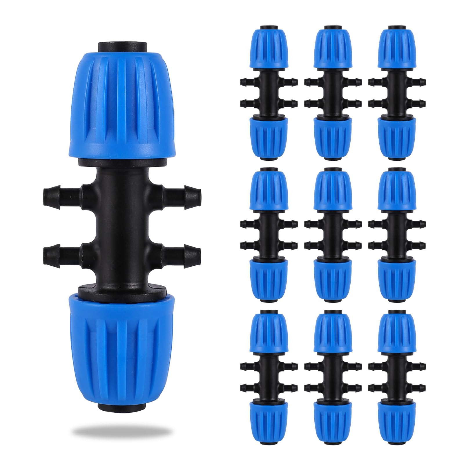 10-Pcs Spike 6-Way Locked Connectors, 1/2 (Pipe OD 0.620 in.ID is 0.520 In) to 1/4 Inch Irrigation Pipe Fitting, Variable Diameter 6-Way (10 Pieces Blue) — image 1