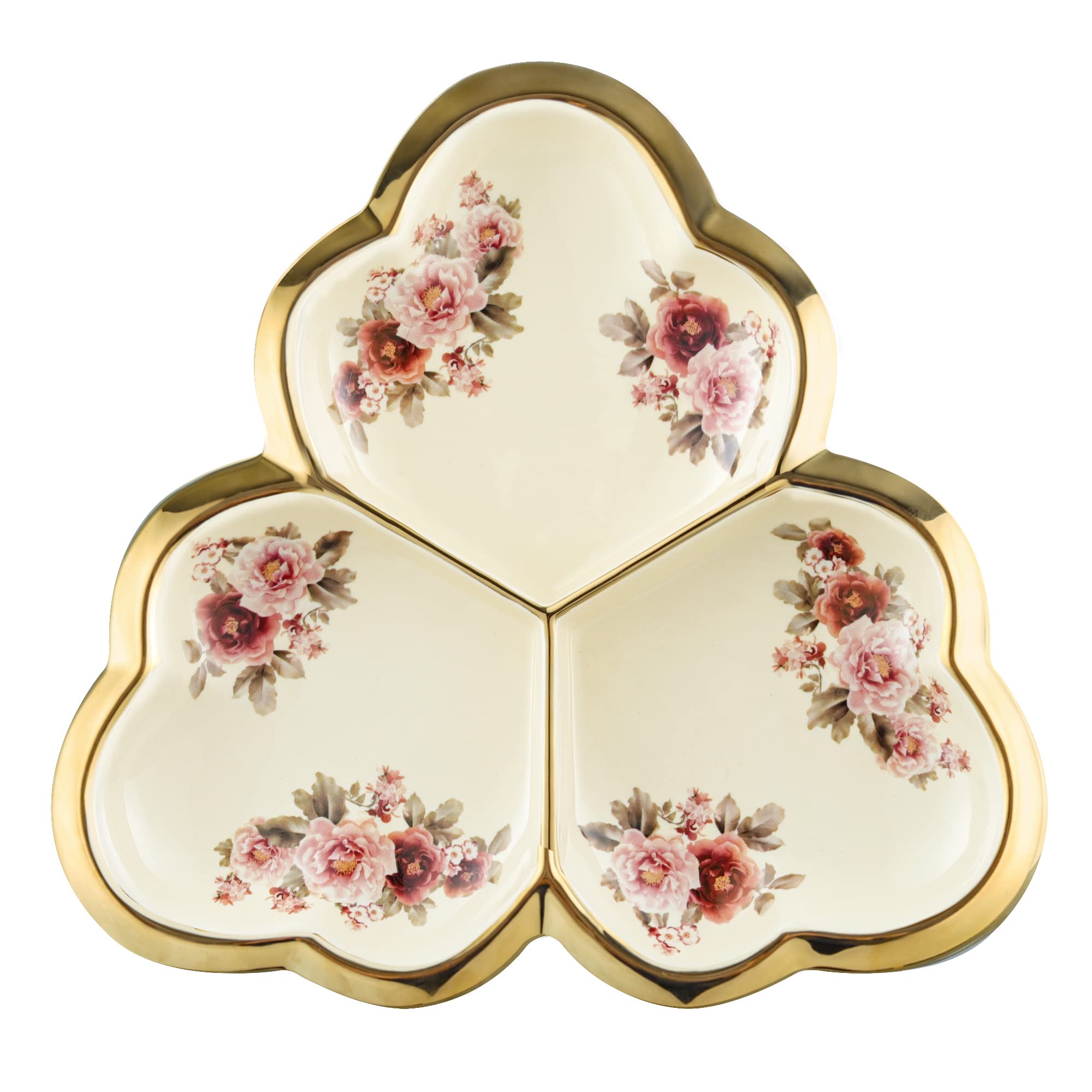 fanquare Floral Ceramic Divided Plate, Compartment Dip Dish, Relish Serving Tray for Appetizers, Fruits, Snacks