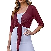 YuYukan Womens 3/4 Sleeve Shrug Sheer Mesh Cardigans Tie Front Cropped Lightweight Bolero Shawl Top for Casual Going Out