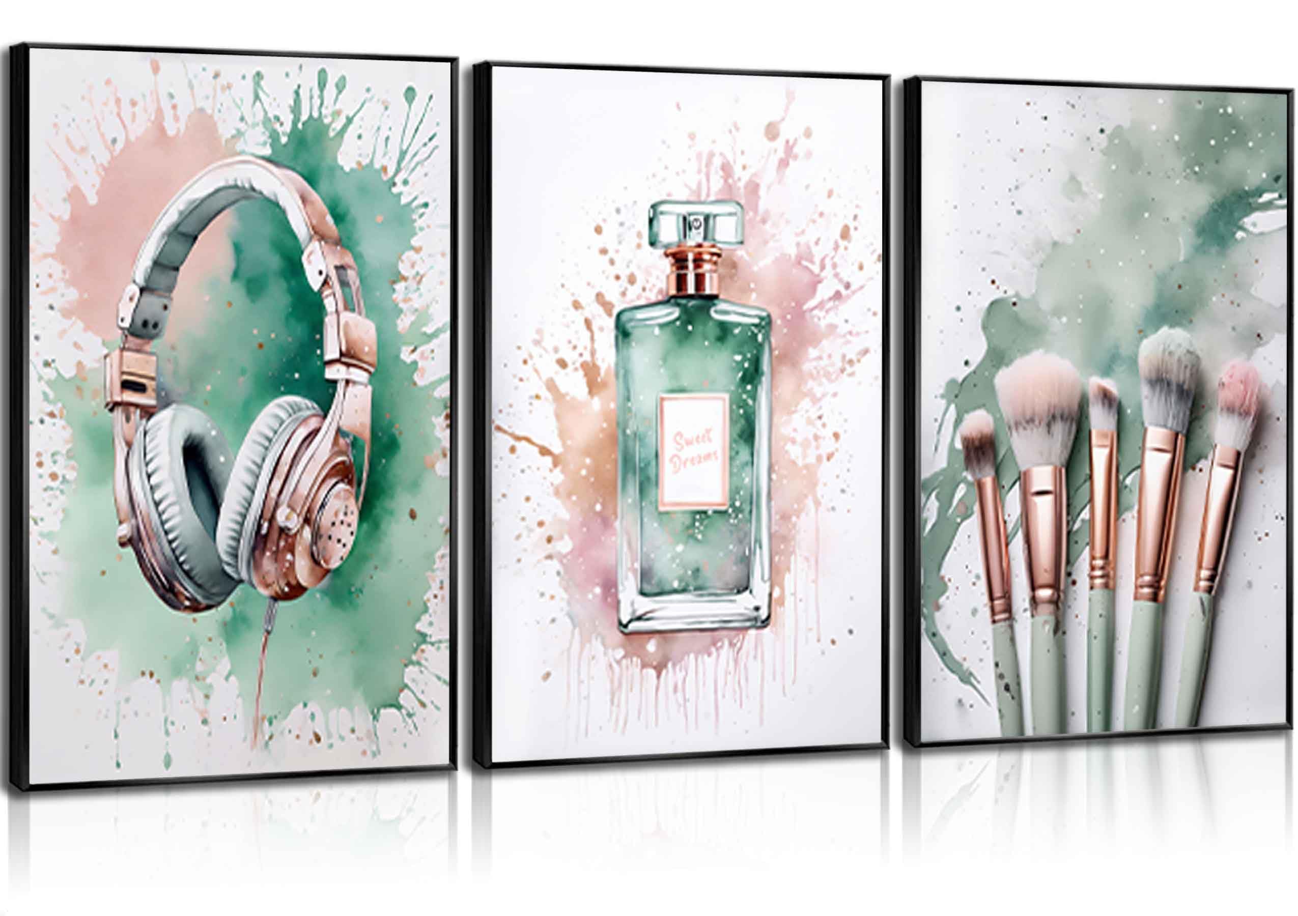 Photo 1 of 3Pcs Tween Teen Girls Bedroom Wall Art Picture Sage Green Rose Gold and Silver Prints Music Lover Teenager Poster Perfume Makeup Brushes and Headset Wall Decor for Mature Girl Dorm 12x16in Unframed