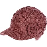 Womens Winter Elegant Cable Flower Knitted Newsboy Cabbie Cap Beret Beanie Hat with Visor, Warm Plush Fleece Lined