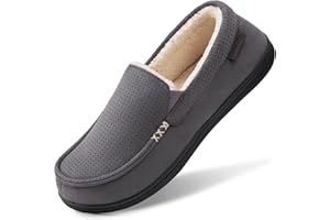 HomeTop Men's Memory Foam Moccasin Slippers, Comfy Indoor Outdoor House Shoes Suede Bedroom with Warm Sherpa Lining Durable Rubber Sole