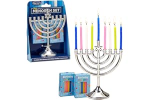 Rite Lite Mini Menorah Set with 48 Multicolor Birthday Candles - Portable Chanukah Candle Holder Diecast Aluminum Menorah Hanukkah Gifts Jewish Party Favors Living Room Holiday Decor Centerpiece 5" H