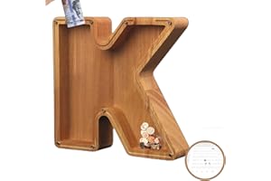 BOALORD Piggy-Bank for Kids Boys Girls Large Piggy Banks 26 English Alphabet Letter,Personalized Wooden,Transparent Money Saving Box Custom Text Name DIY Creative Gift for Real-Money (K)