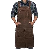 ecoZen 16oz Waxed Canvas Work Apron with Pockets - Waterproof, Fully Adjustable to Comfortably Fit Men and Women, 27 x 34 inches, Tough Tool Apron for Lasting Protection - Brown, Size S to XXL