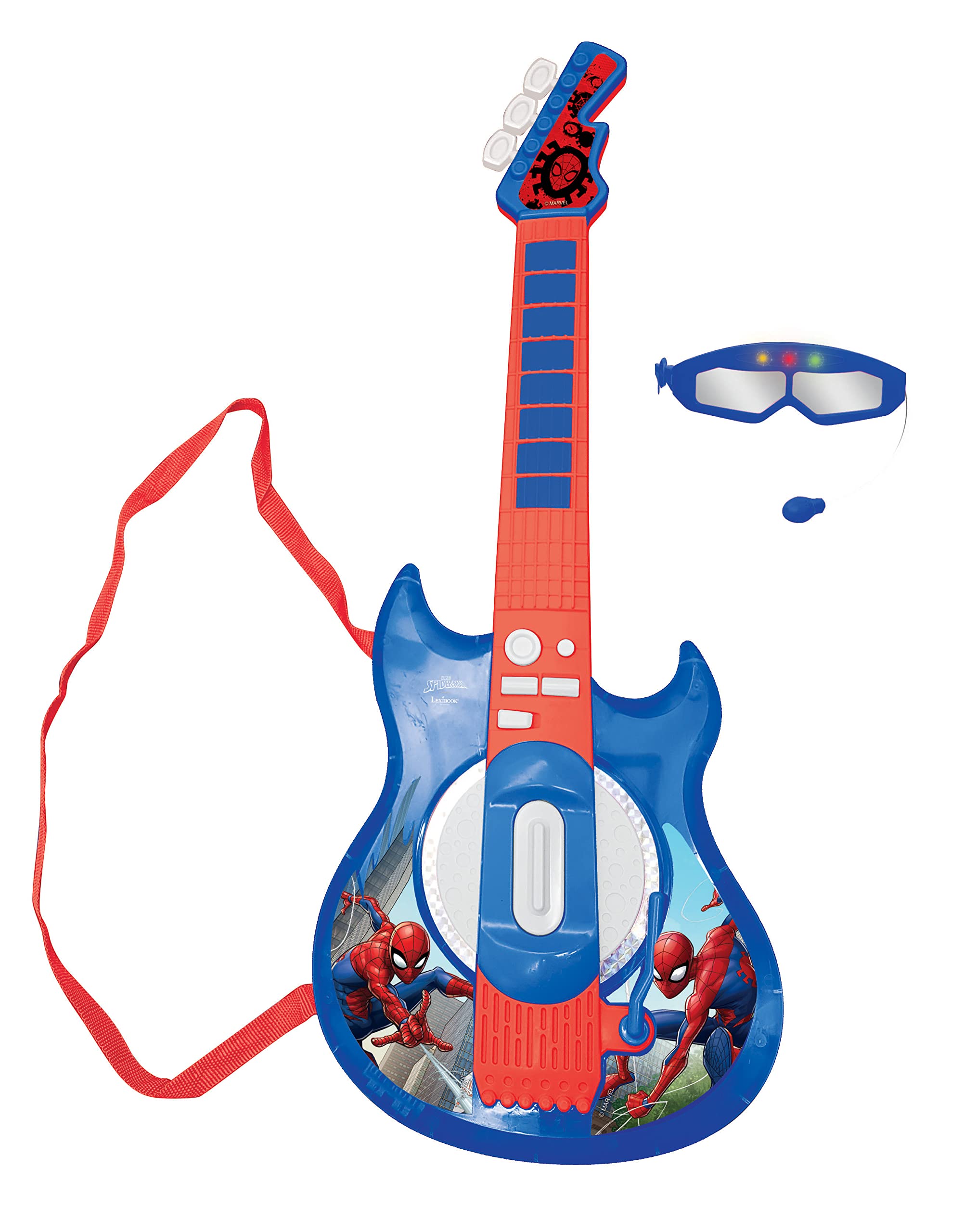 Lexibook, Spider-Man, Light-Up Electronic Guitar with microphone, glasses with microphone, melodies, 2 game modes, MP3 input, blue/red, K260SP