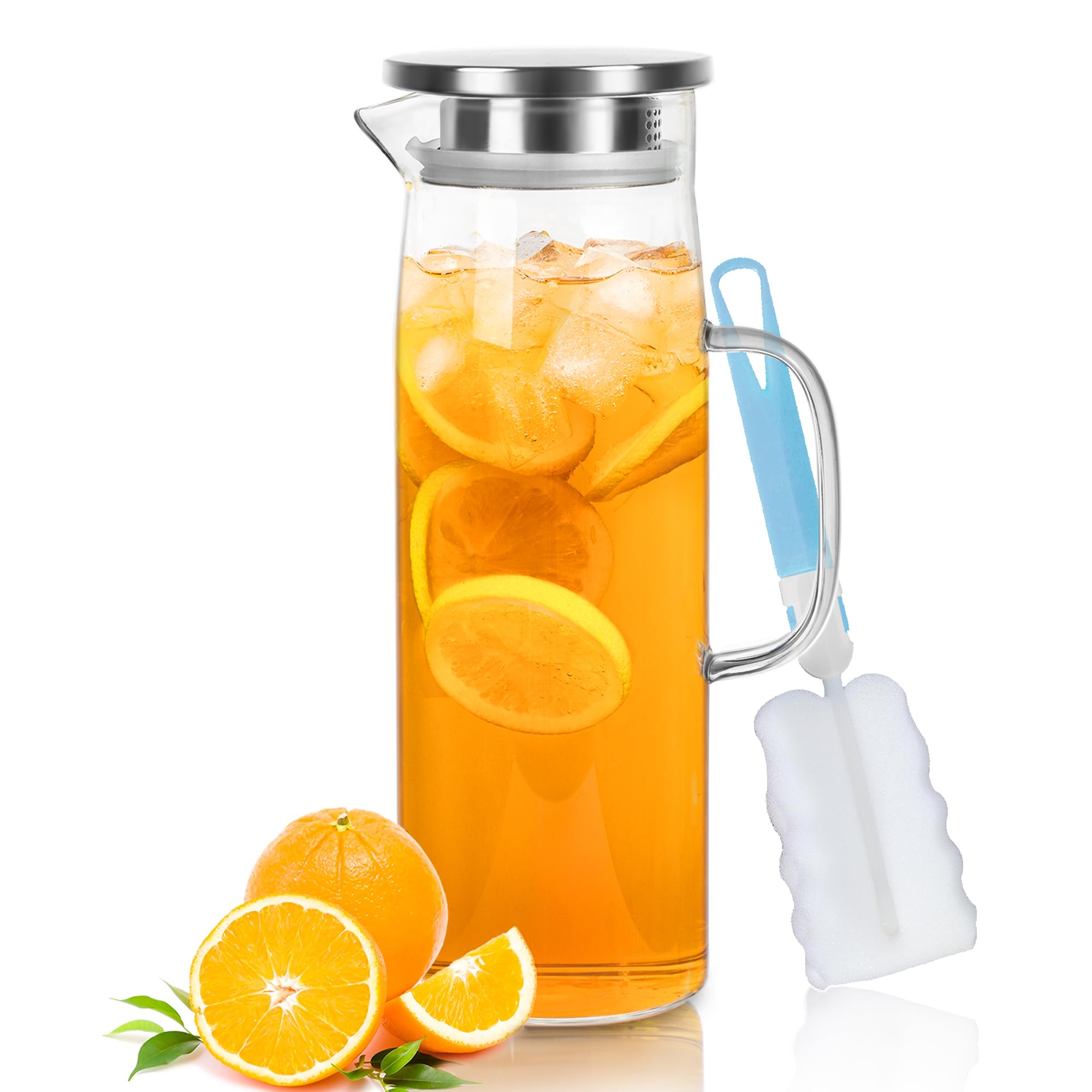 Joeyan 1.5L Glass Water Jug with Lid, Fridge Door Water Jugs, Glass Pitcher Water Carafe for Hot and Cold Drinks, Juice Jug with Cleaning Brush