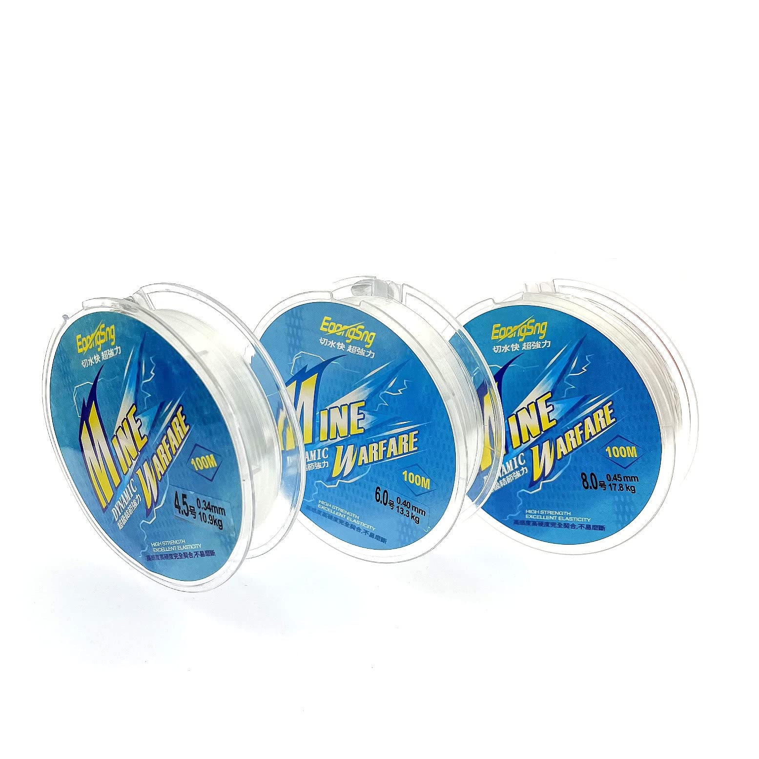 JZK 3-Piece Nylon Monofilament Fishing Line Set, Clear, 100M Each, Sizes #8mm, #6mm, #4.5mm