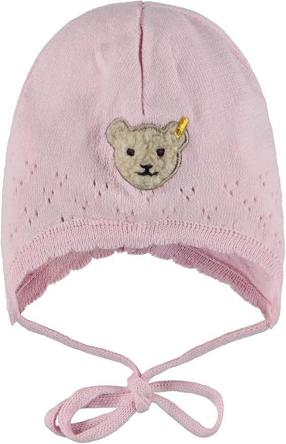 Steiff Baby-Mädchen Bindebänder Mütze – Weicher Jersey Mit Ohrenklappen & Teddy-Bär-Motiv