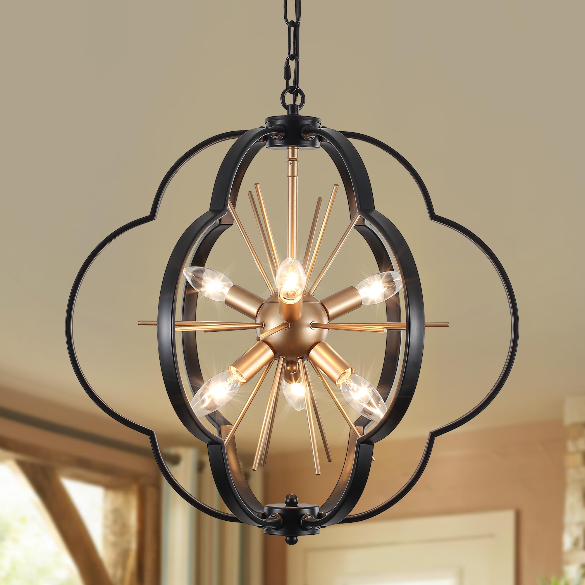 Photo 1 of 19.7'' Farmhouse Chandelier for Dining Room Light Fixture 6-Lights Rustic Black and Gold Chandelier for Entryway Pendant Lighting Globe Hanging Light Fixtures for Living Room Foyer Kitchen E12