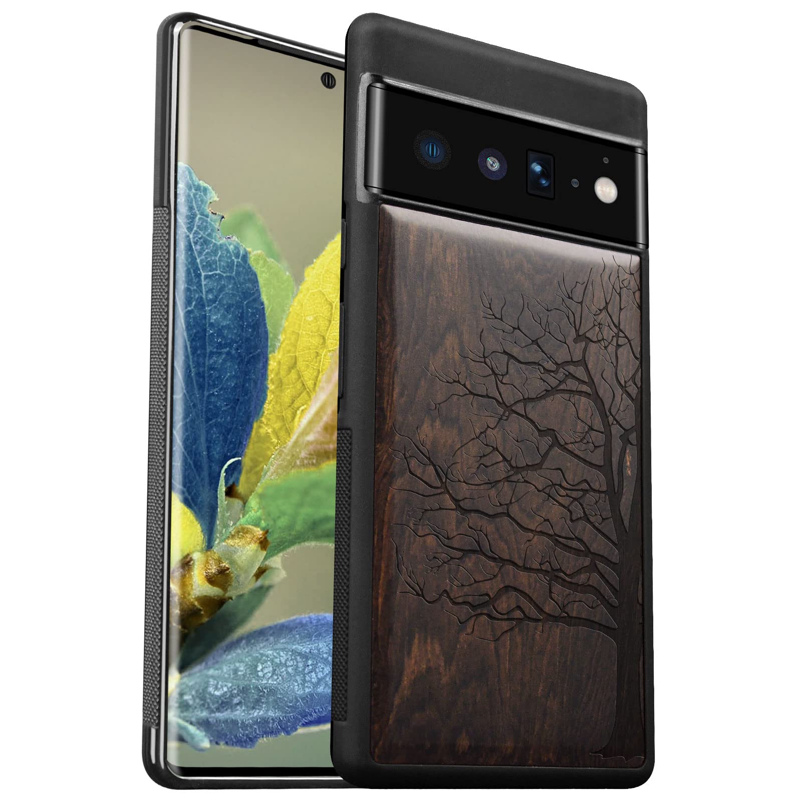 Carveit Wood Case for Pixel 6 Pro Protective Phone Cover [Hand sanded wooden artwork] Shockproof Hybrid Unique & Classy Case Compatible with Google Pixel 6 Pro TPU Bumper (Eternal Tree-Blackwood)